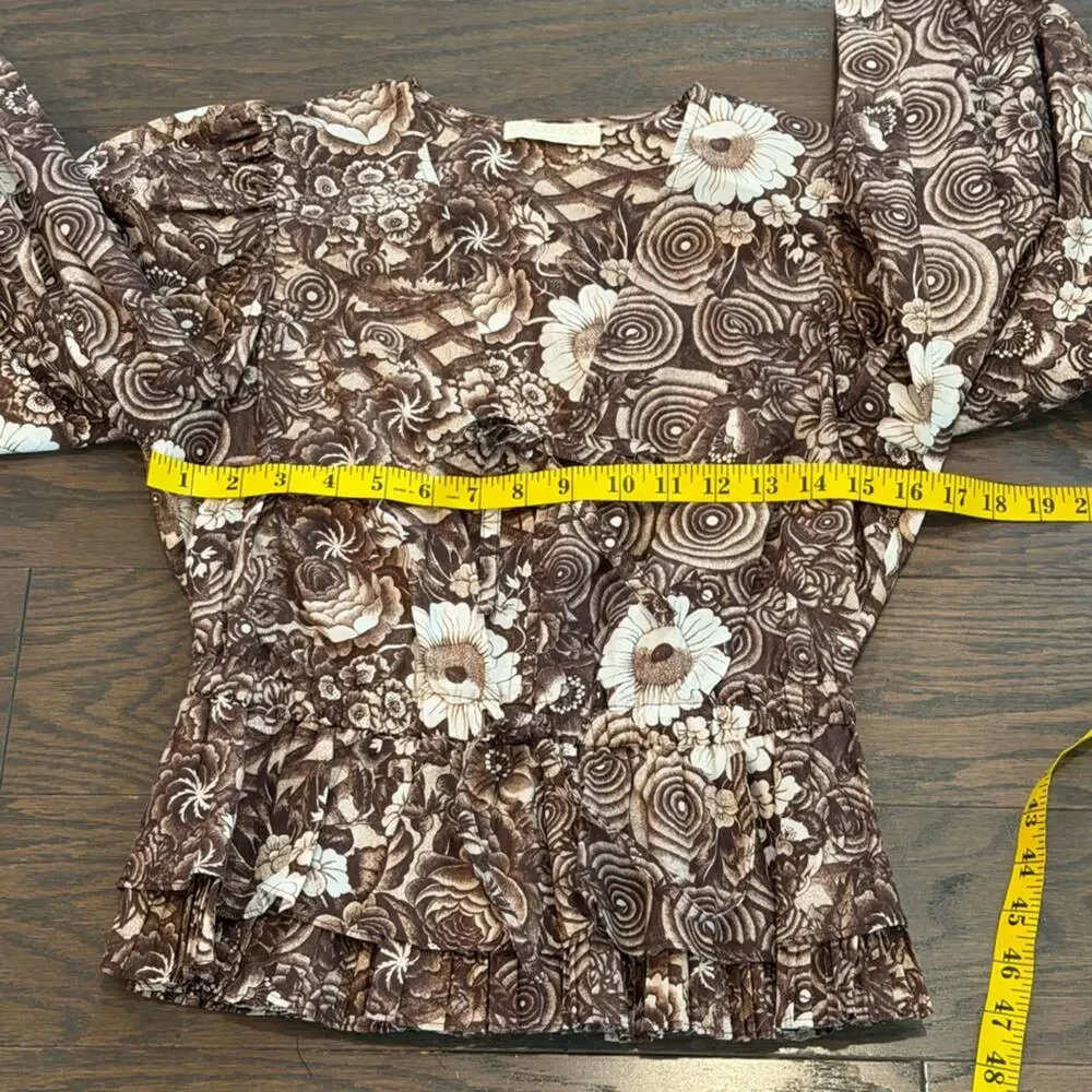 Ulla Johnson Brown Floral Cotton Peplum Blouse Puff Sleeve Boho Romantic Size 4